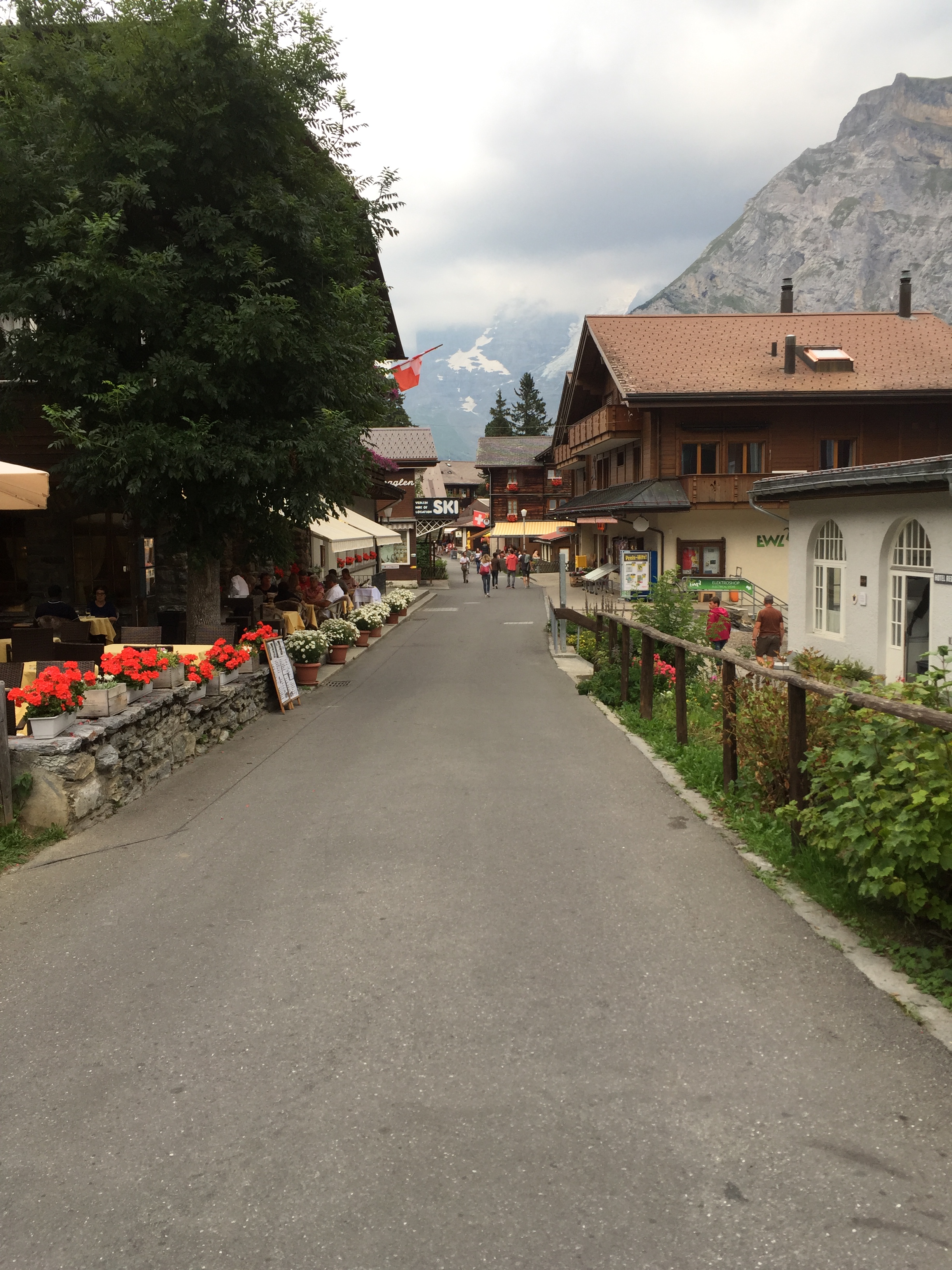 Road for walking in Mürren, Switzerland, lined with flowers