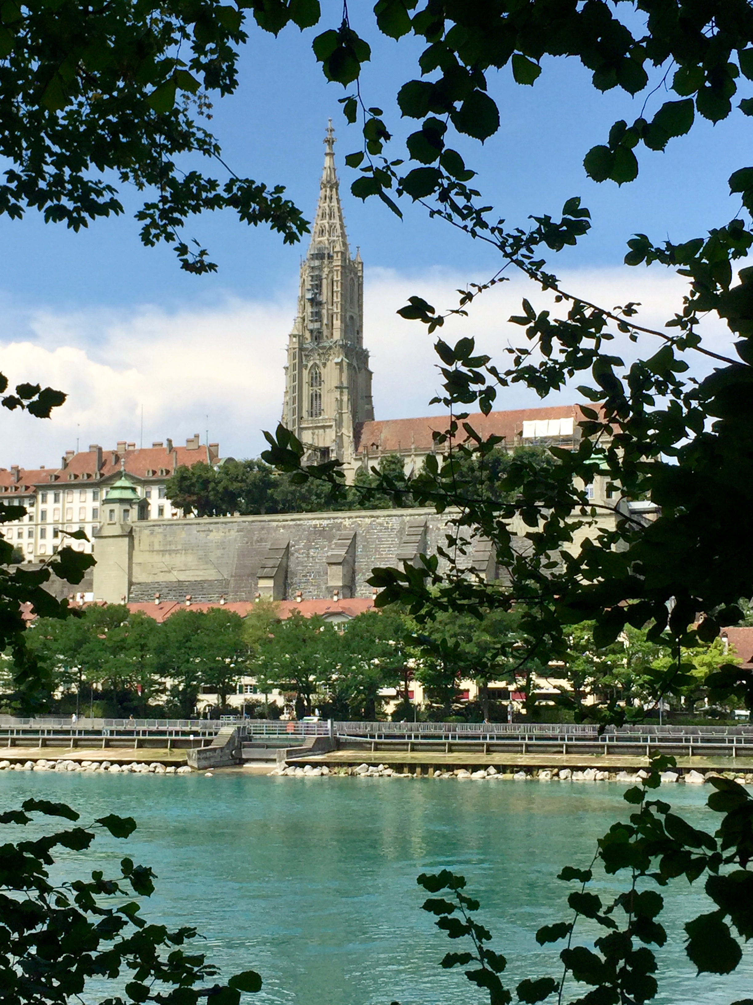 The cathedral of Bern, Switzerland, through the trees with a waterway in front of it